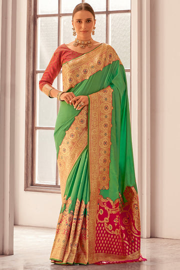 Capricious Sea Green Soft Banarasi Silk Saree With Invaluable Blouse Piece