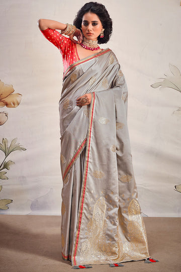 Attractive Grey Soft Banarasi Silk Saree With Lovely Blouse Piece