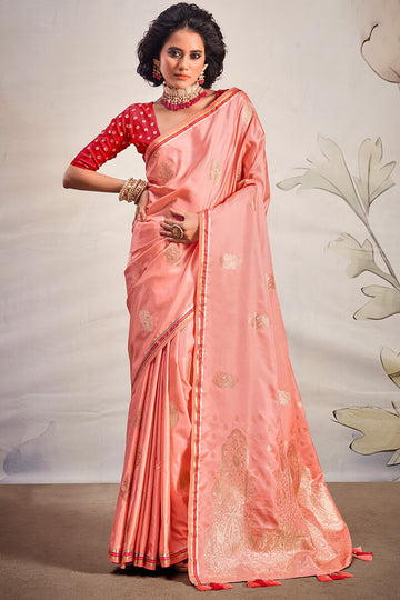 Sensational Peach Soft Banarasi Silk Saree With Adorning Blouse Piece