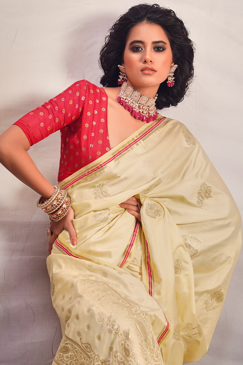 Designer Beige Soft Banarasi Silk Saree With Jazzy Blouse Piece