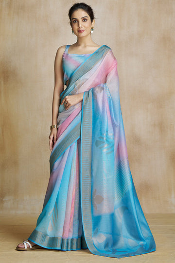 Woebegone Sky Soft Banarasi Silk Saree With Palimpsest Blouse Piece