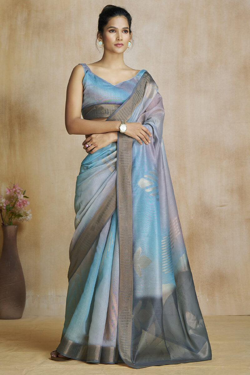 Ornate Grey and Sky Soft Banarasi Silk Saree With Supernal Blouse Piece