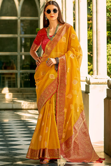 Ailurophile Yellow Soft Banarasi Tissue Silk Saree With Ebullience Blouse Piece