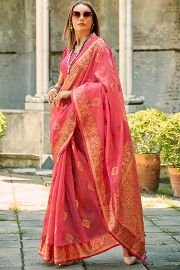 Murmurous Pink Soft Banarasi Tissue Silk Saree With Vestigial Blouse Piece