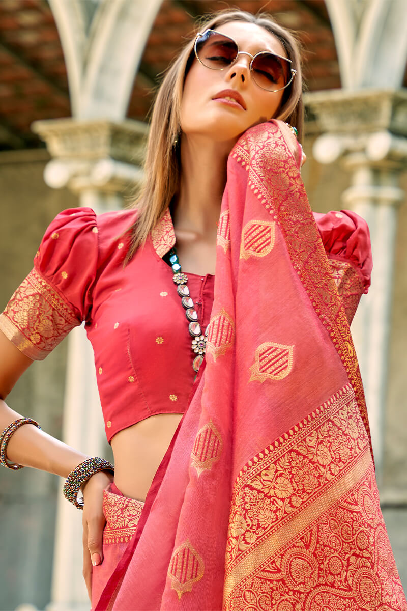 Murmurous Pink Soft Banarasi Tissue Silk Saree With Vestigial Blouse Piece