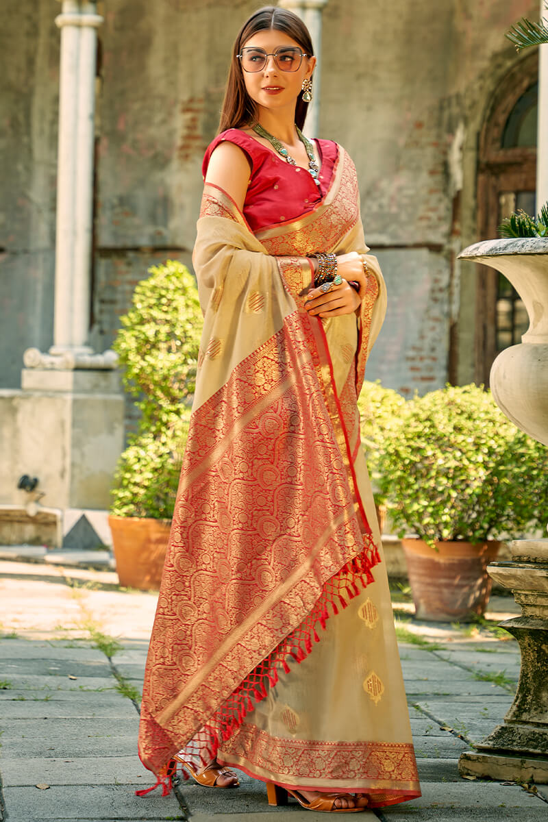 Incredible Beige Soft Banarasi Tissue Silk Saree With Transcendent Blouse Piece