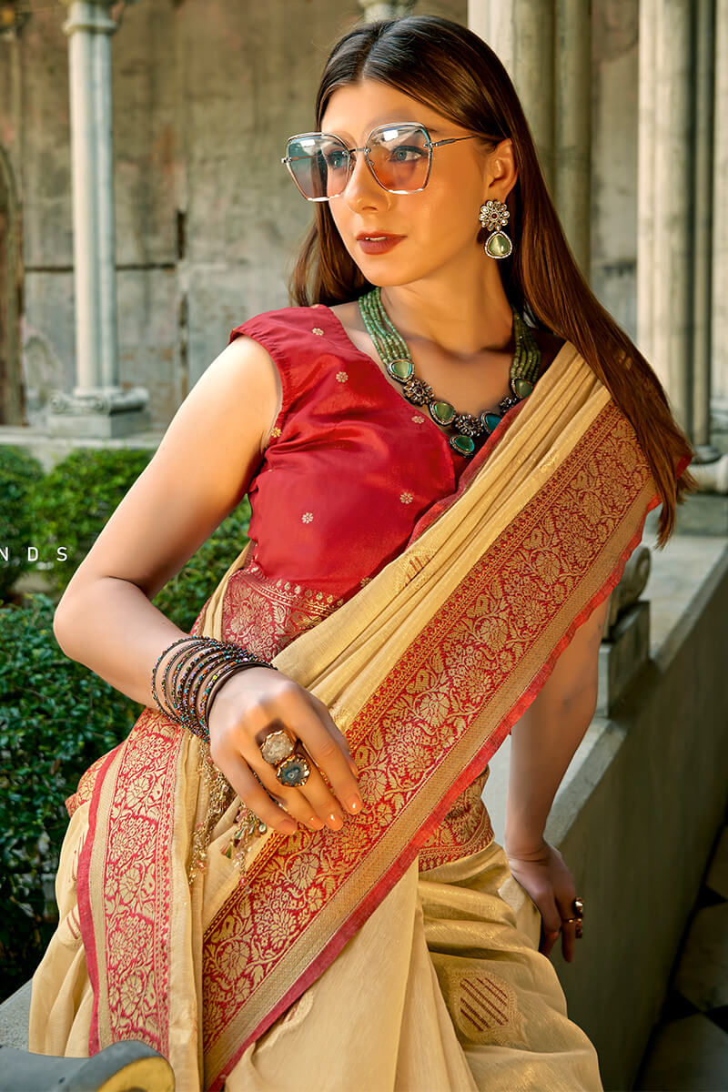 Incredible Beige Soft Banarasi Tissue Silk Saree With Transcendent Blouse Piece