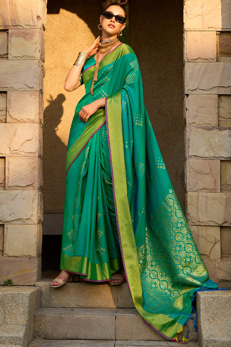 Opulent Green Soft Banarasi Silk Saree With Rhapsody Blouse