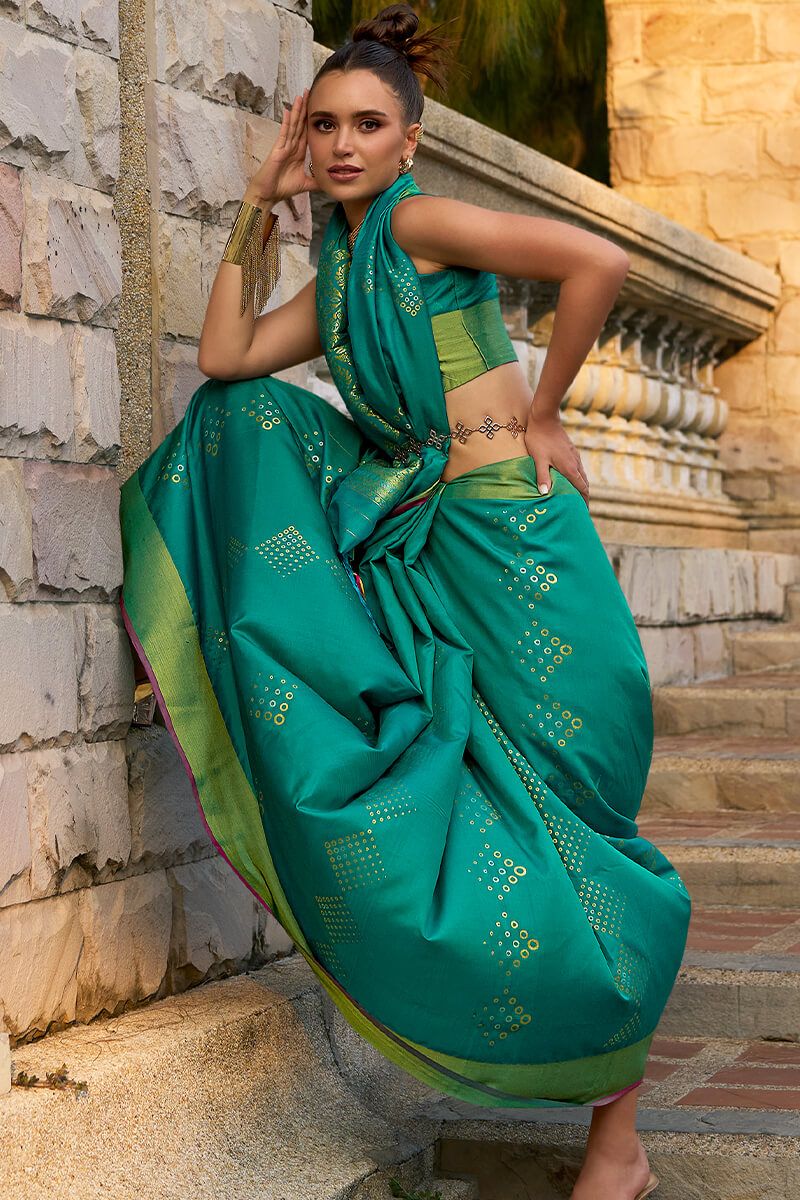 Quixotic Rama Soft Banarasi Silk Saree With Jubilant Blouse