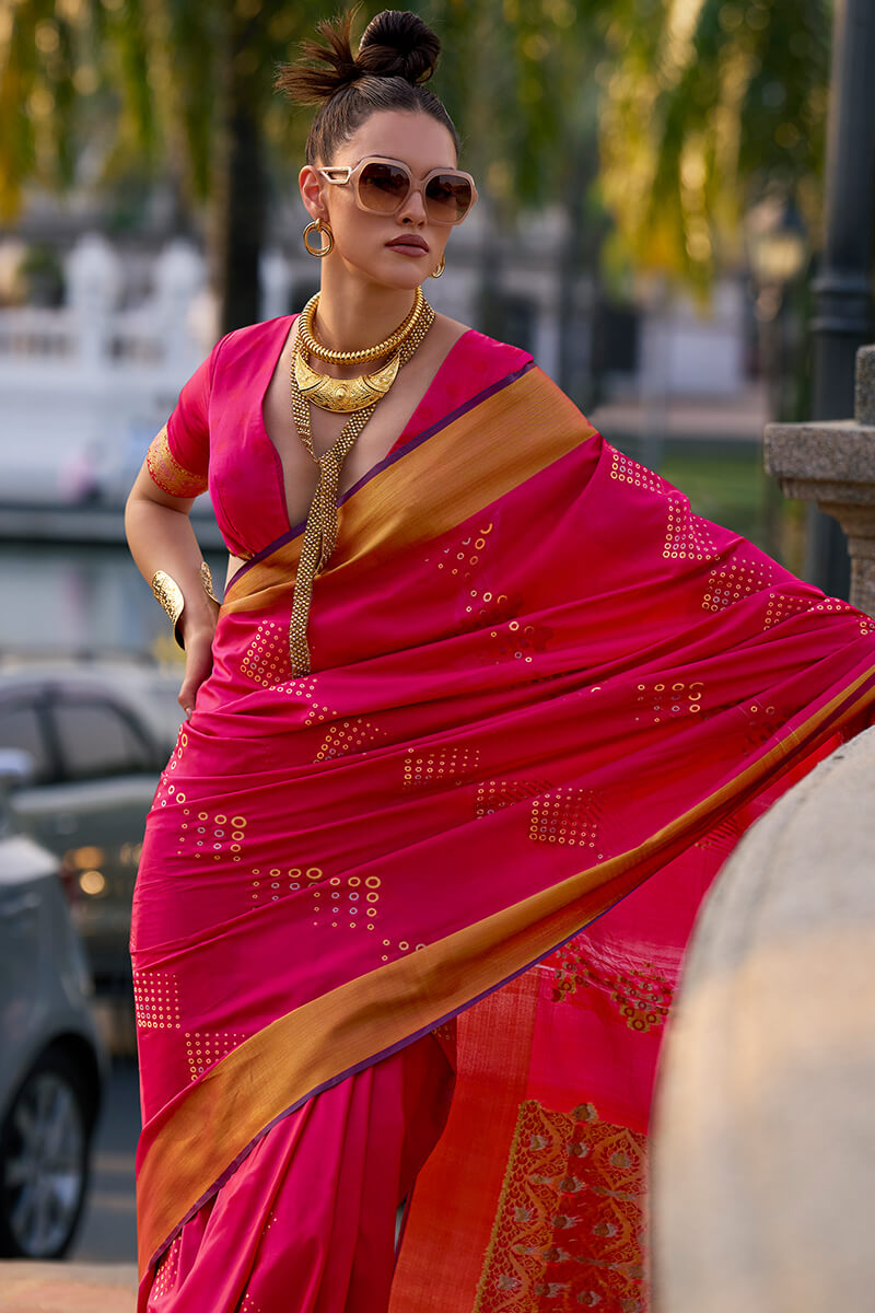 Elaborate Dark Pink Soft Banarasi Silk Saree With Ornate Blouse