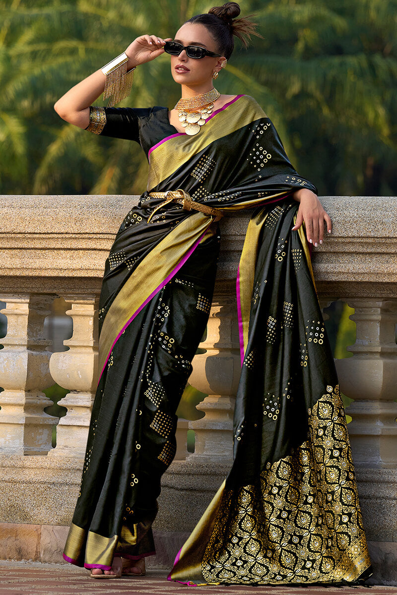 Resonant Black Soft Banarasi Silk Saree With Ineffable Blouse