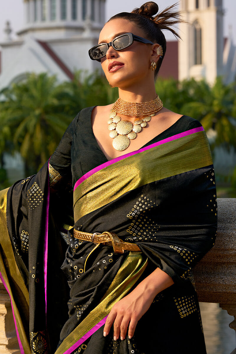 Resonant Black Soft Banarasi Silk Saree With Ineffable Blouse