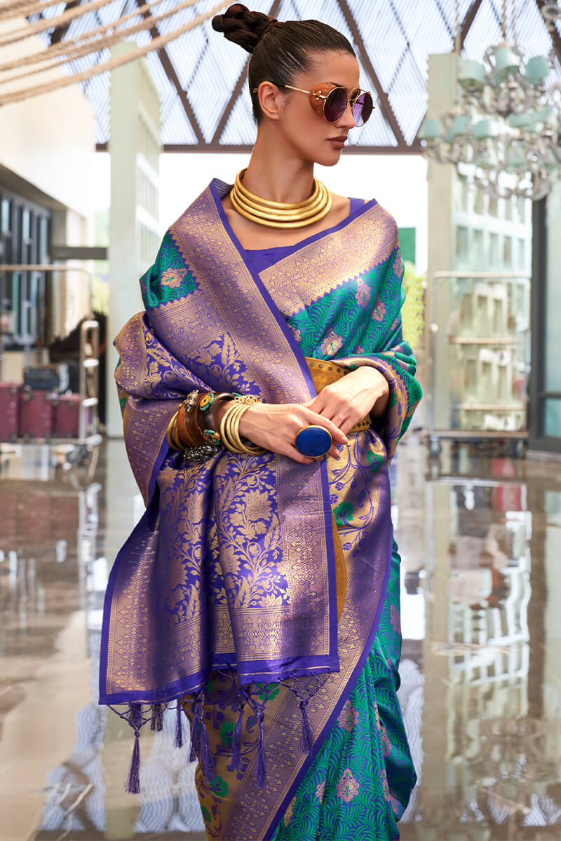 Girlish Rama Soft Banarasi Silk Saree With Arresting Blouse Piece