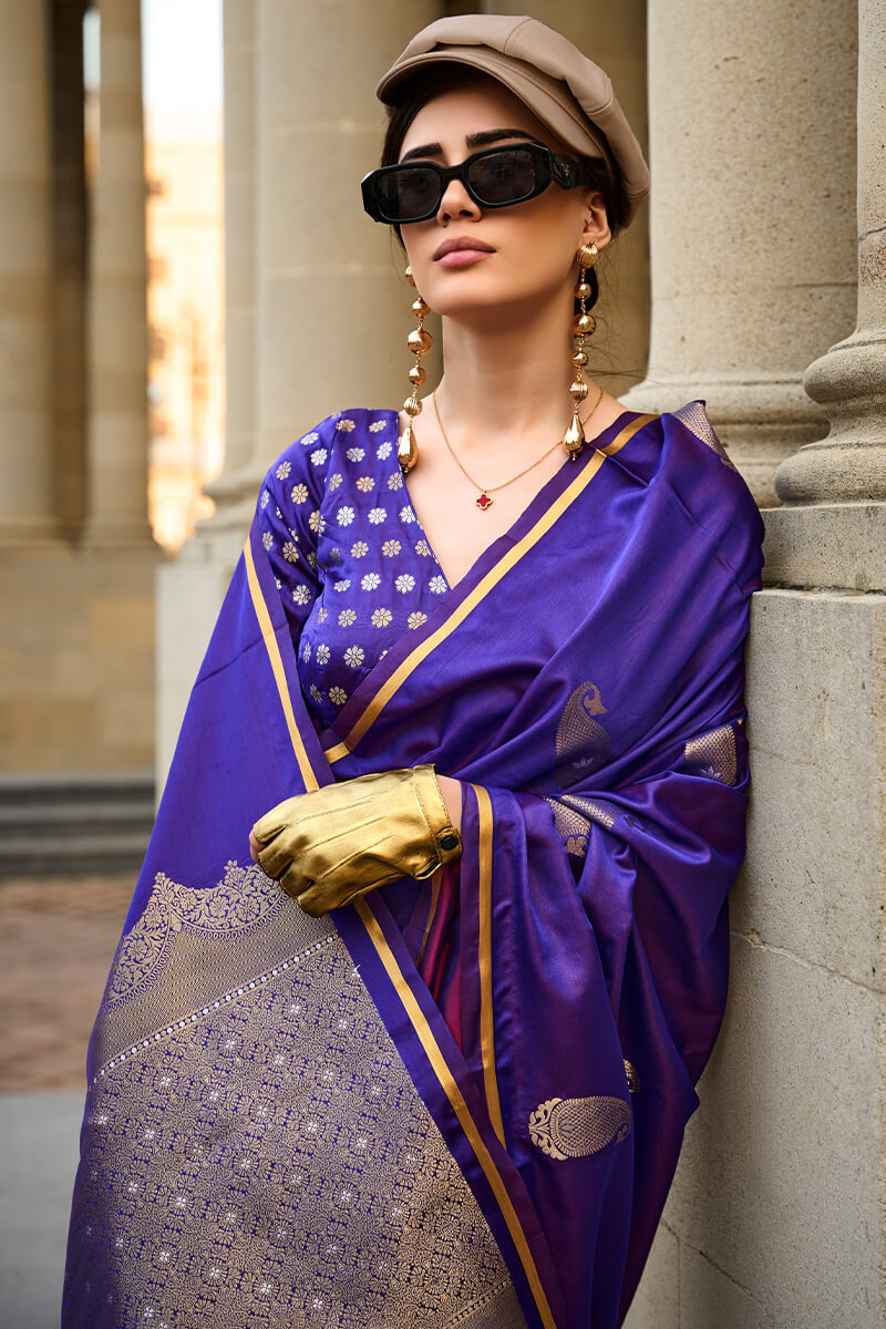 Appealing Purple Banarasi Satin Silk Saree With Demanding Blouse