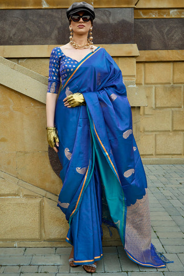 Flattering Blue Banarasi Satin Silk Saree With Adorning Blouse