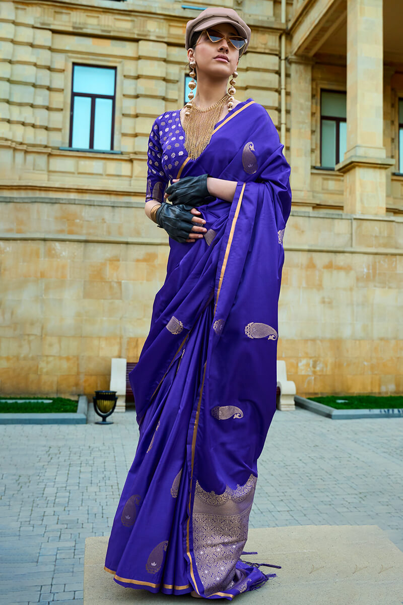 Smart Royal Blue Banarasi Satin Silk Saree With Glorious Blouse