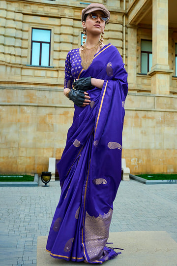 Smart Royal Blue Banarasi Satin Silk Saree With Glorious Blouse