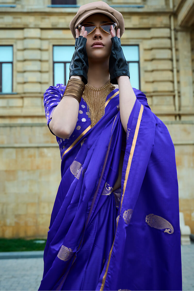 Smart Royal Blue Banarasi Satin Silk Saree With Glorious Blouse