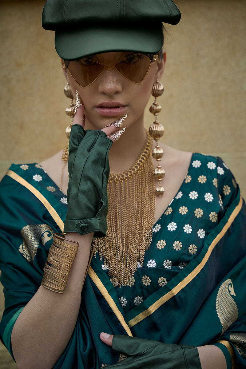 Entrancing Dark Green Banarasi Satin Silk Saree With Effervescent Blouse