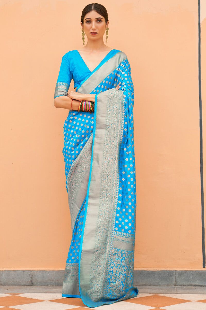 Radiant Firozi Soft Banarasi Silk Saree With Fancifull Blouse Piece