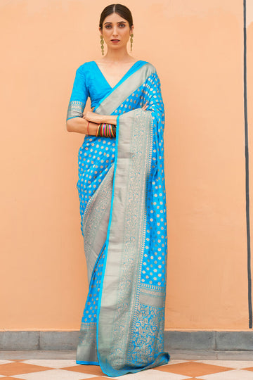 Radiant Firozi Soft Banarasi Silk Saree With Fancifull Blouse Piece