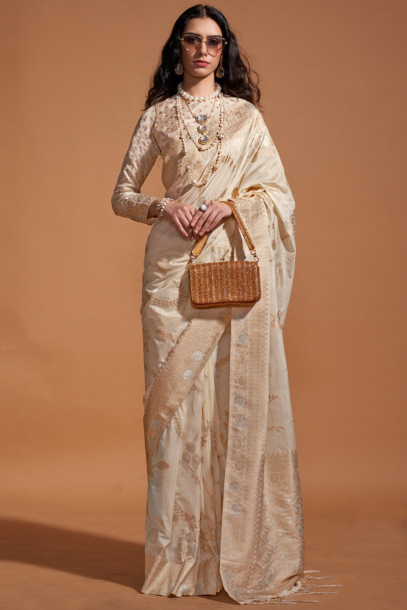 Extraordinary Beige Georgette Banarasi Silk Saree With Fantabulous Blouse Piece