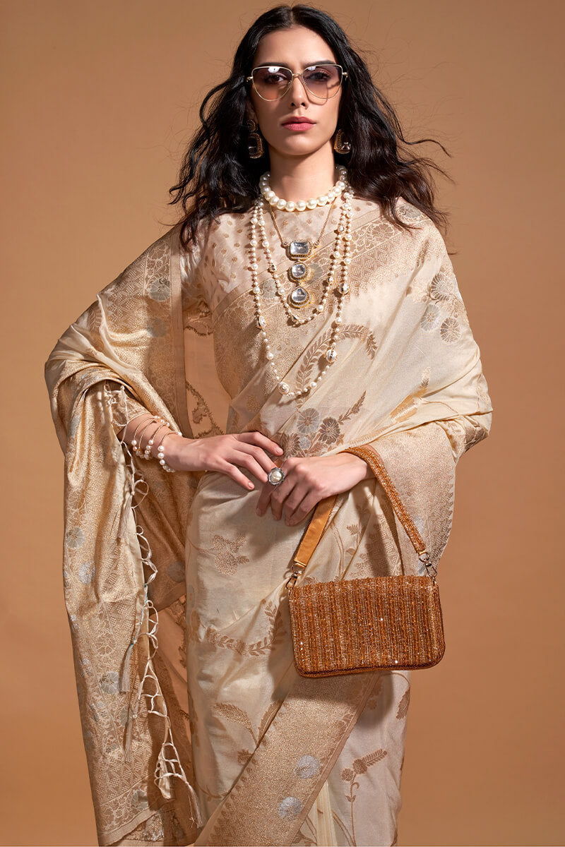 Extraordinary Beige Georgette Banarasi Silk Saree With Fantabulous Blouse Piece