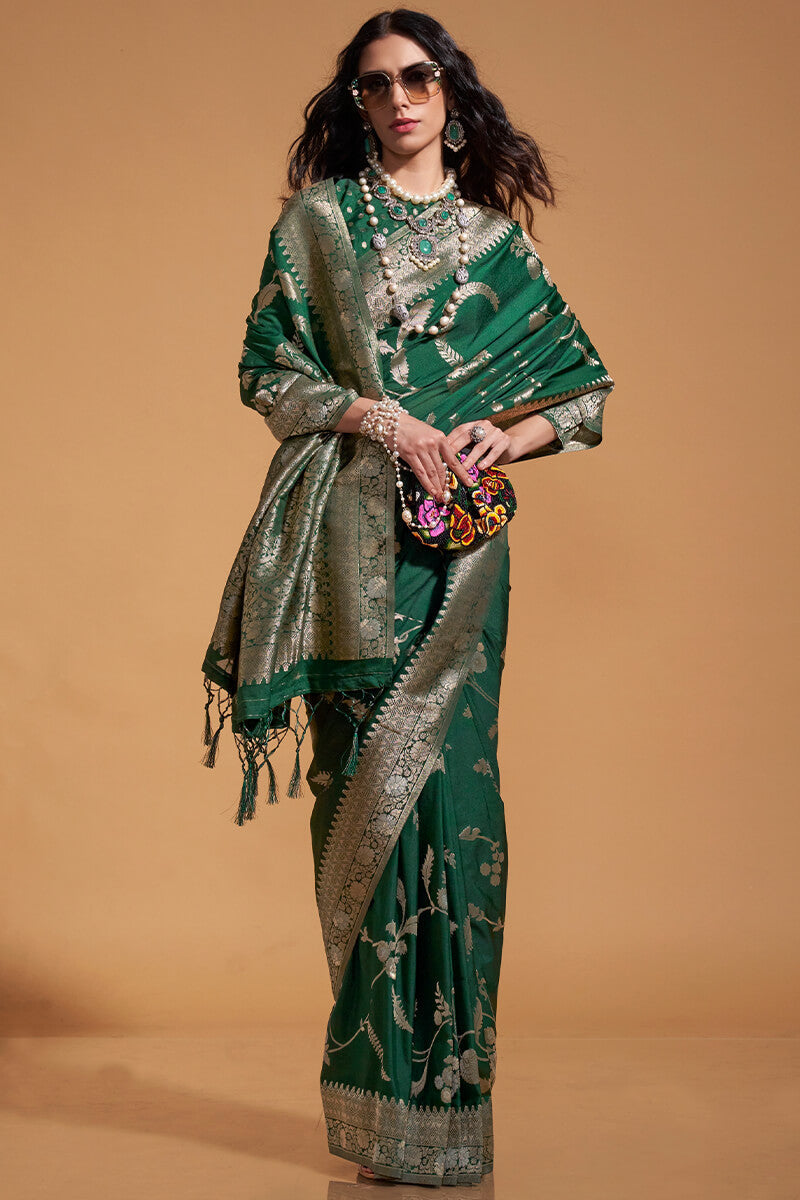 Exuberant Dark Green Georgette Banarasi Silk Saree With Piquant Blouse Piece