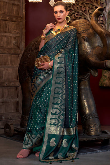 Ornate Dark Green Banarasi Satin Silk Saree With Piquant Blouse