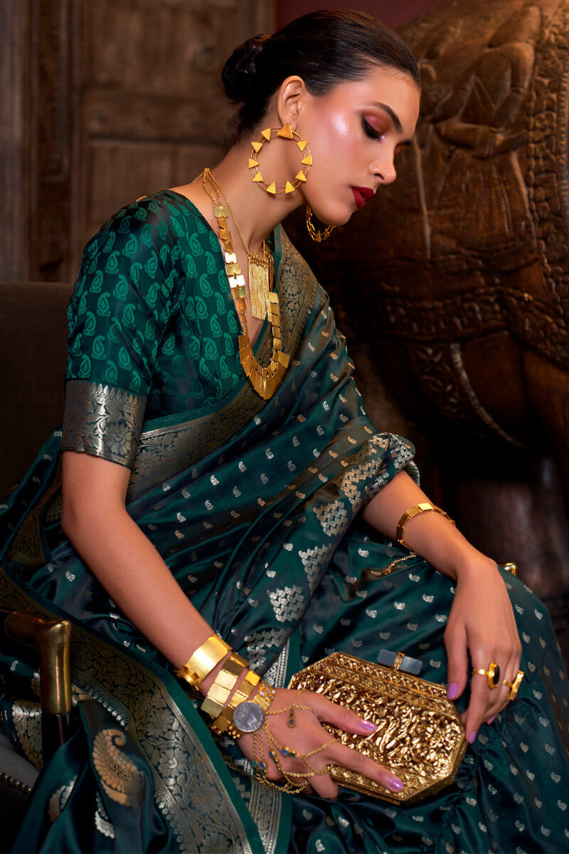 Ornate Dark Green Banarasi Satin Silk Saree With Piquant Blouse