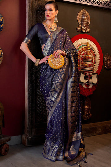 Scintillating Blue Banarasi Satin Silk Saree With Allure Blouse