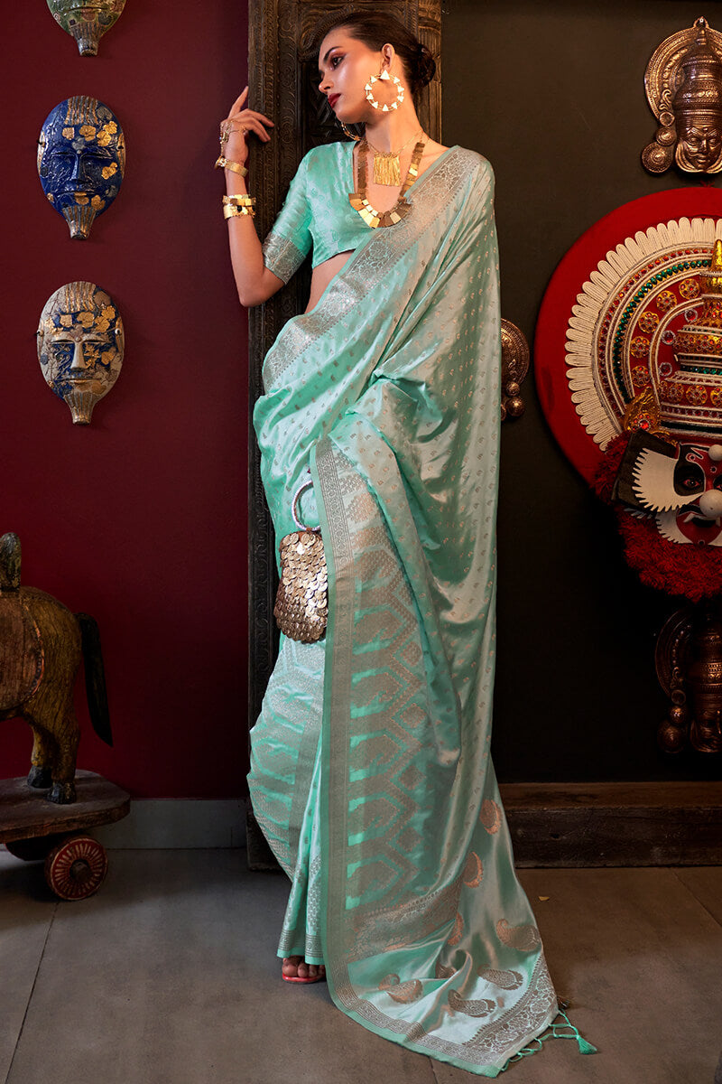 Radiant Sea Green Banarasi Satin Silk Saree With Alluring Blouse