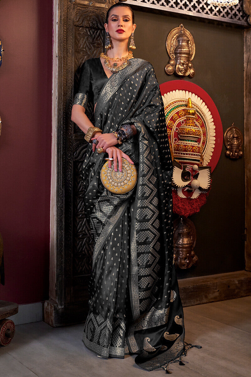 Vibrant Black Banarasi Satin Silk Saree With Rhapsodic Blouse