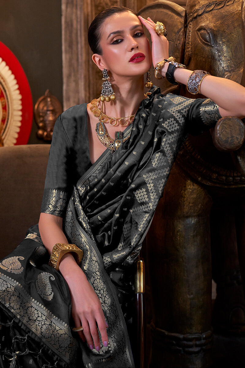 Vibrant Black Banarasi Satin Silk Saree With Rhapsodic Blouse