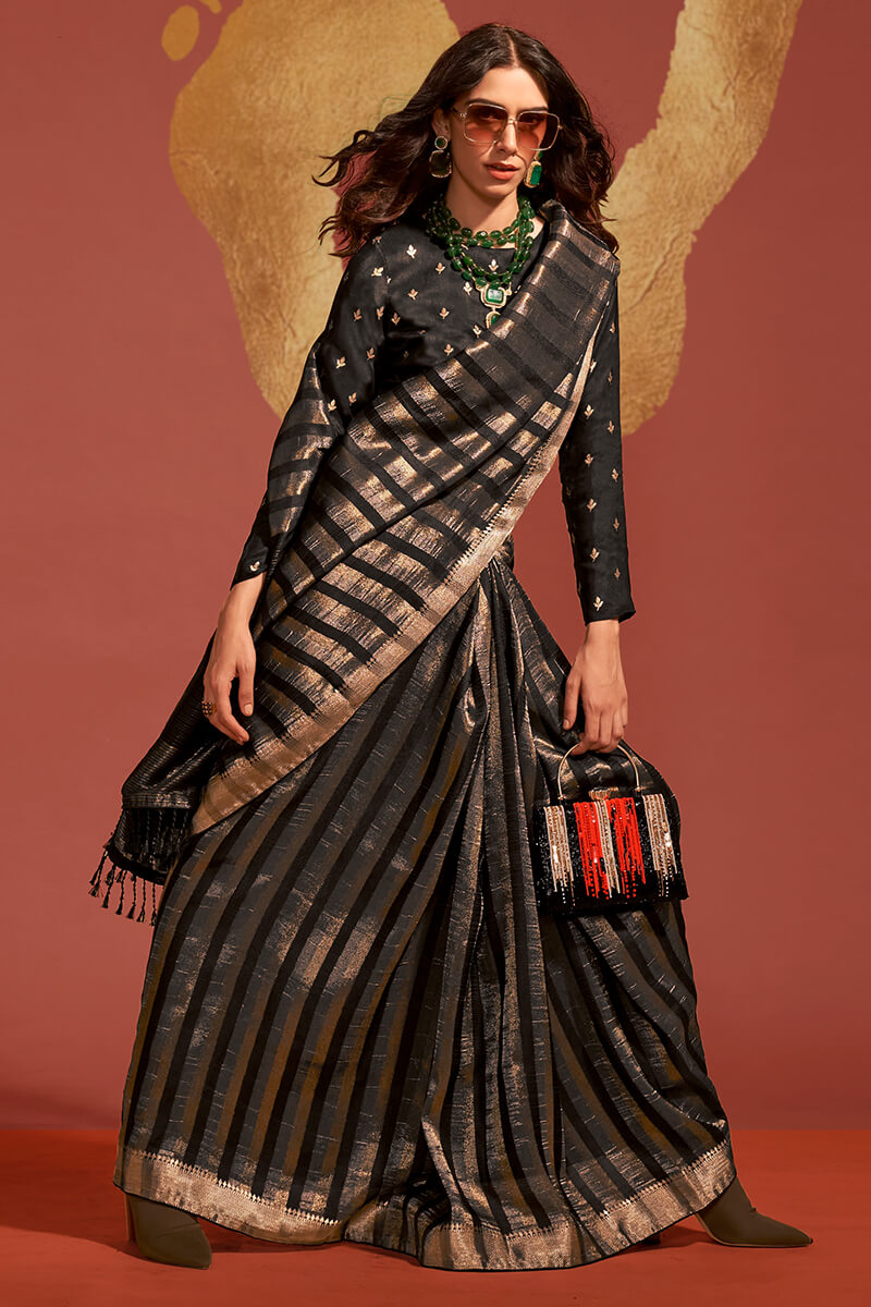 Eye-catching Black Soft Banarasi Silk Saree With Sizzling Blouse