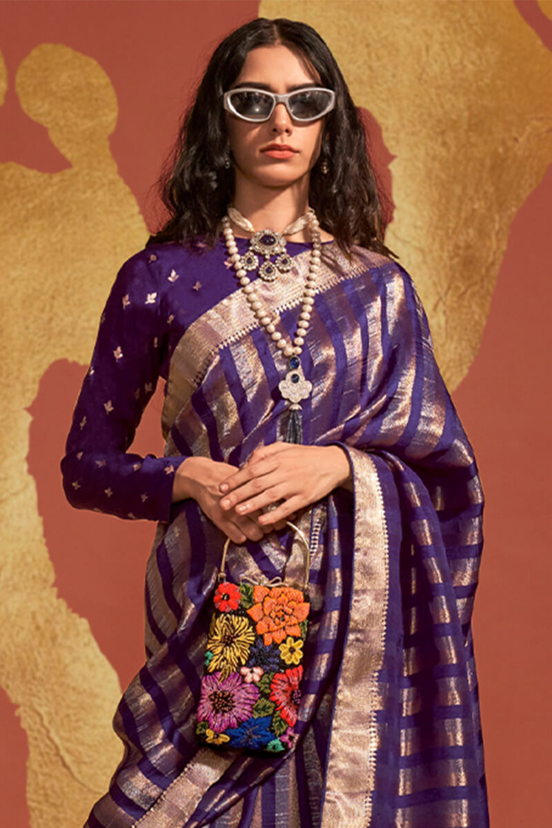 Prettiest Navy Blue Soft Banarasi Silk Saree With Entrancing Blouse