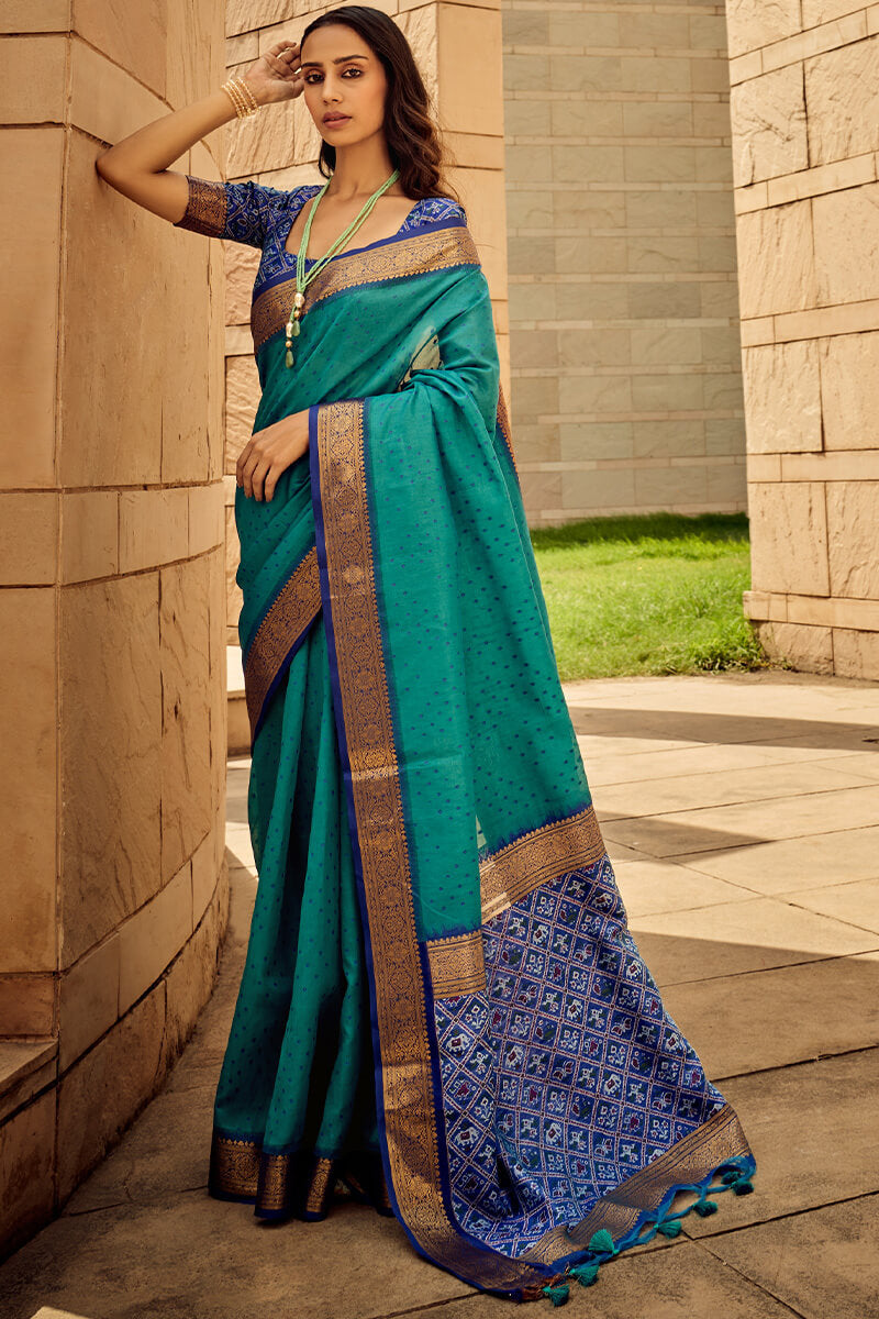 Imbrication Rama Patola Silk Saree with Ebullience Blouse Piece