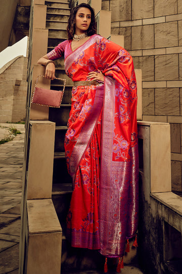 Pulsating Red Soft Banarasi Silk Saree With Vibrant Blouse