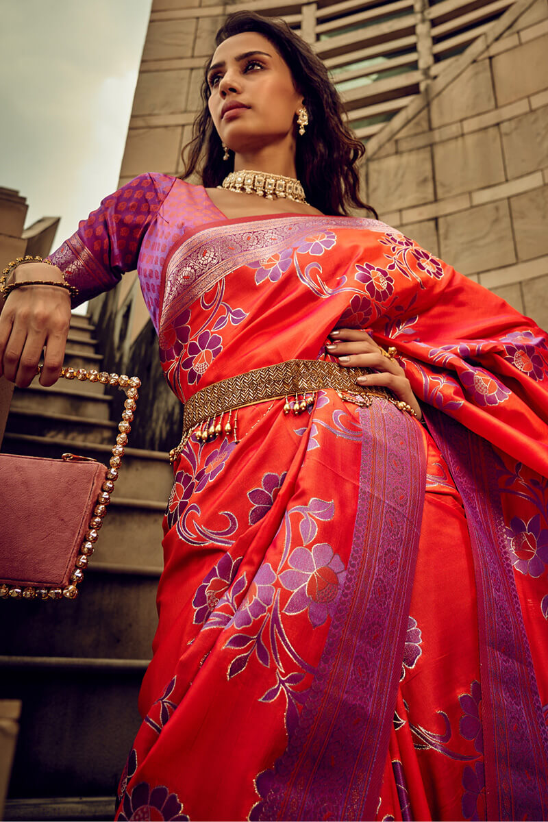 Pulsating Red Soft Banarasi Silk Saree With Vibrant Blouse