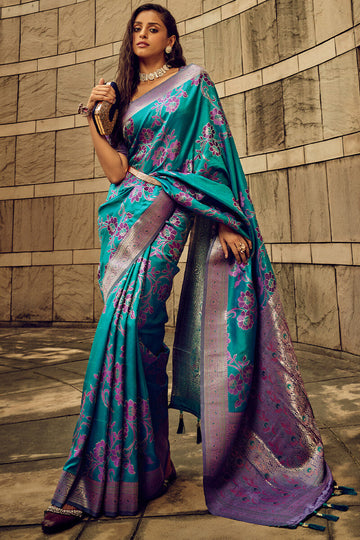 Lustrous Rama Soft Banarasi Silk Saree With Rhapsodic Blouse