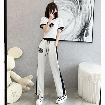 Women's Casual Sports Suit 2024 Summer New Fashion Street Bombing Style Short Sleeve Corp Top And Wide Leg Pants 2 Two Piece Set