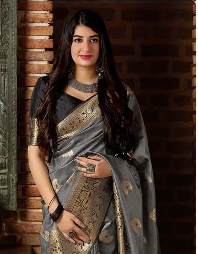 Fugacious Grey Banarasi Silk Saree With Panoply Blouse Piece