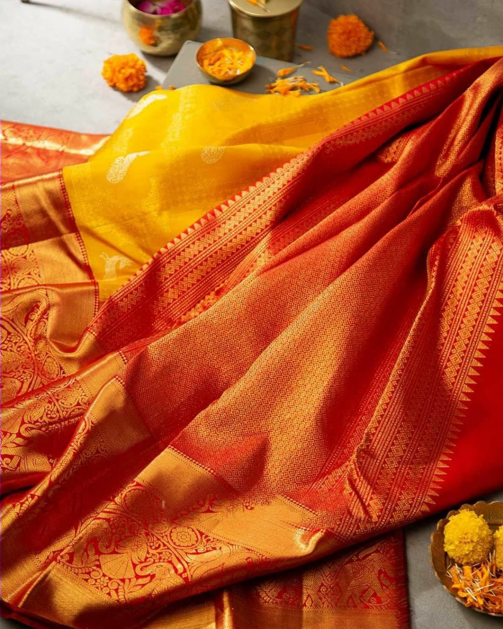 Brood Yellow Soft Banarasi Silk Saree With Cynosure Blouse Piece