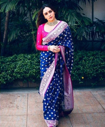 Elegant Blue Soft Banarasi Silk Saree With Gorgeous Blouse Piece