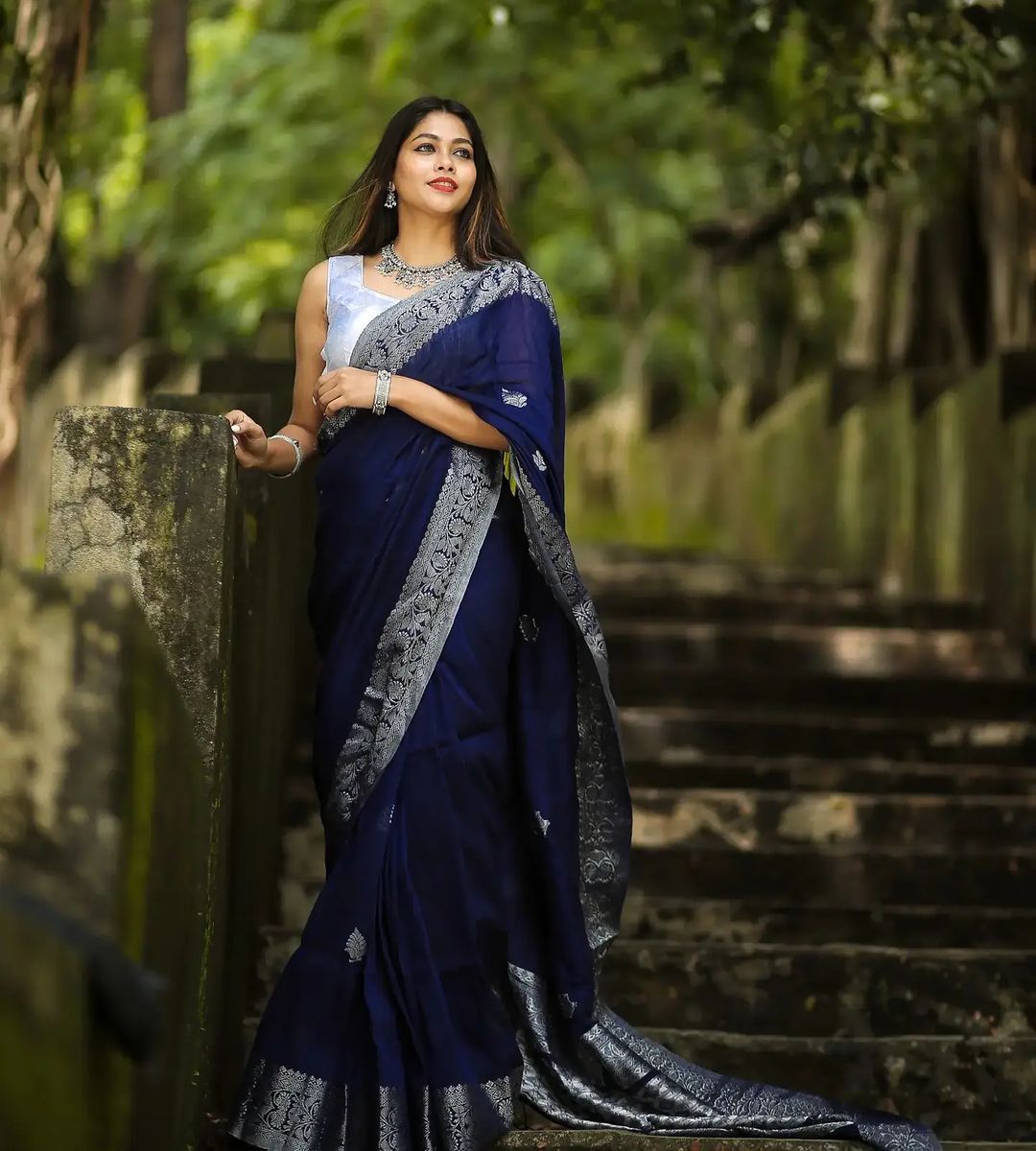 Charming Navy Blue Soft Banarasi  Silk Saree With Glowing Blouse Piece