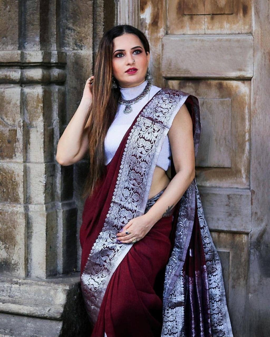 Sensational Wine Soft Banarasi Silk Saree With Attractive Blouse Piece