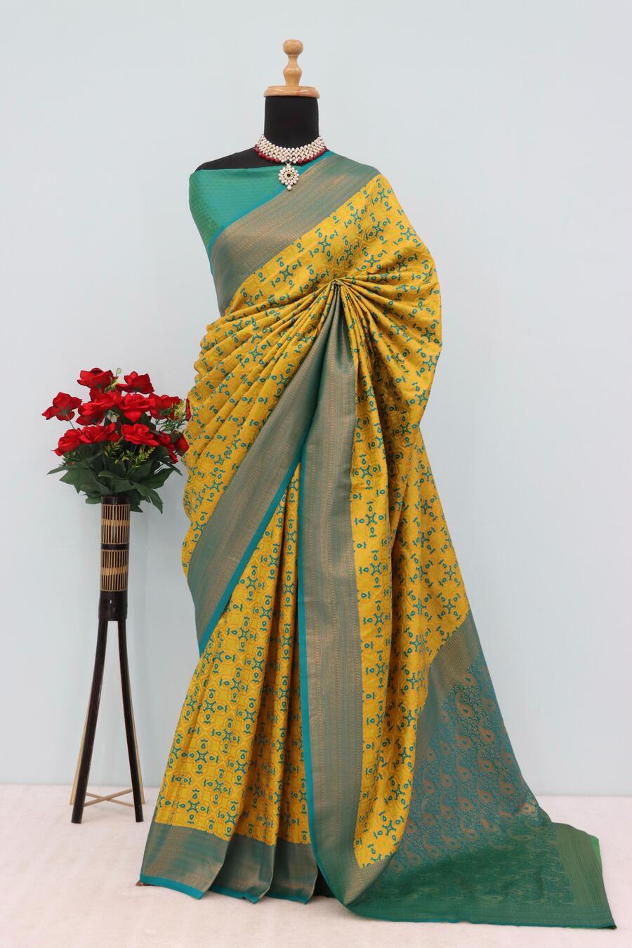 Imbrication Yellow Soft Banarasi Silk Saree With Propinquity Blouse Piece