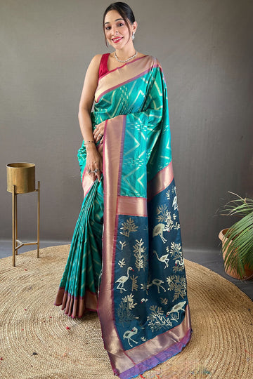 Cynosure Rama Soft Banarasi Silk Saree With Panache Blouse Piece