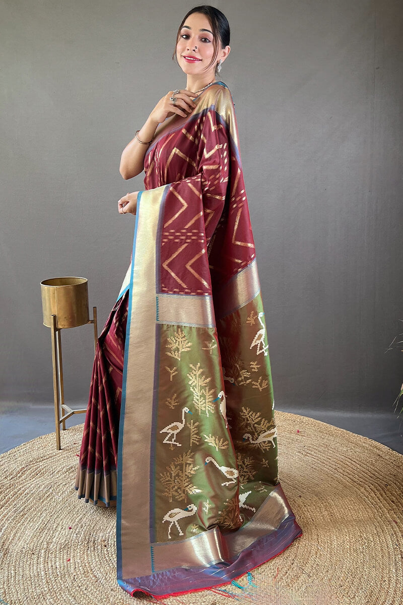 Engaging Wine Soft Banarasi Silk Saree With Tremendous Blouse Piece