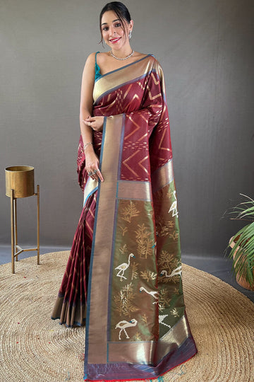 Engaging Wine Soft Banarasi Silk Saree With Tremendous Blouse Piece